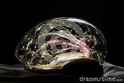 Neural network visualization in transparent brain model under soft lighting Stock Photo