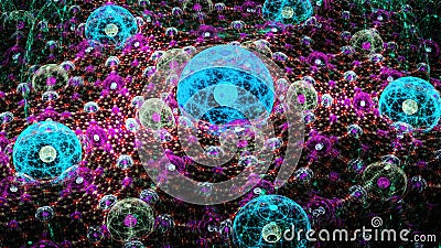 Neural network. World Wide Web. Cells under microscope. Cartoon Illustration