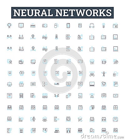 Neural networks vector line icons set. Neurons, Networks, Learning, AI, Weights, Synapses, Deep illustration outline Vector Illustration