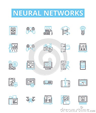 Neural networks vector line icons set. Neurons, Networks, Learning, AI, Weights, Synapses, Deep illustration outline Vector Illustration