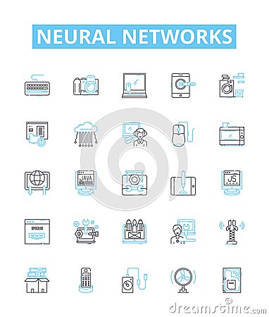 Neural networks vector line icons set. Neurons, Networks, Learning, AI, Weights, Synapses, Deep illustration outline Vector Illustration