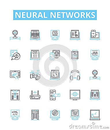 Neural networks vector line icons set. Neurons, Networks, Learning, AI, Weights, Synapses, Deep illustration outline Vector Illustration
