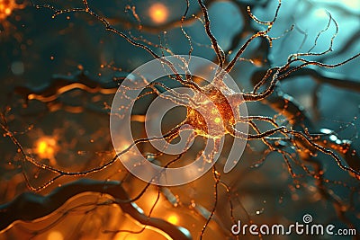 Neural networks weave through the brain, resembling a complex web of connections. The visual encapsulates the intricate Stock Photo