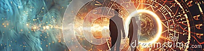 A neural spellcaster and a future oracle collaborating in a time warp altering timelines Stock Photo