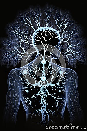 Silhouette of a Human Figure, Surrounded by a Network of Neurons, Symbolizing the Connection between Mind, Body, and Soul. Stock Photo