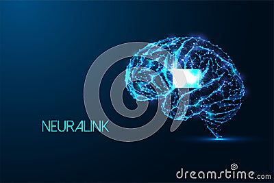 Neuralink, neural innovation futuristic concept wuth human barin with implant on dark blue Vector Illustration