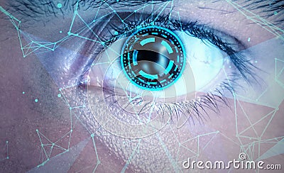 Neuralink Technology Concept Background with Latest Plexus Points Connecting Eye With Brain. Modern Tech backdrop Stock Photo