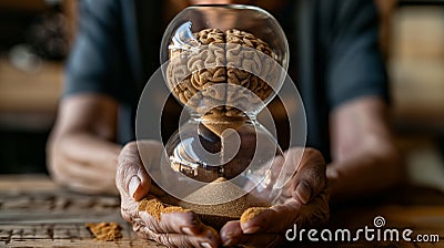 Neurodegenerative ageing - a human brain depicted as the sand in an hourglass Stock Photo