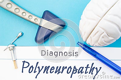 Neurological diagnosis of Polyneuropathy. Neurological hammer, human brain figure, tools for sensitivity testing are next to title Stock Photo