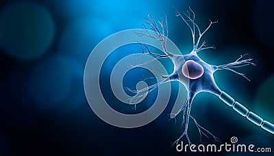 Neuron cell body with nucleus design, 3D rendering illustration with copy space and blue background. Neuroscience, neurology, Cartoon Illustration