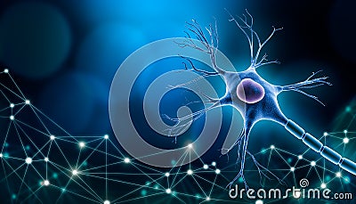 Neuron cell body with nucleus design, 3D rendering illustration with copy space and blue background. with plexus lines network. Cartoon Illustration