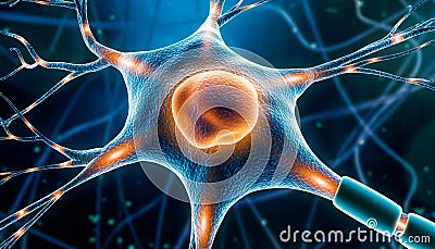 Neuron cell close-up 3D rendering illustration with nervous impulses along the dendrites, the axon, the soma and nucleus. Neuronal Cartoon Illustration