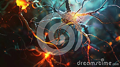 Neuron cells on abstract backdrop depict neural connections in human brain with glowing synapses. Ai Generated Stock Photo