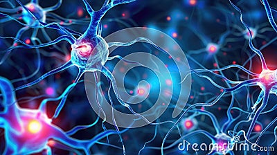 Neuron cells on abstract backdrop depict neural connections in human brain with glowing synapses. Ai Generated Stock Photo