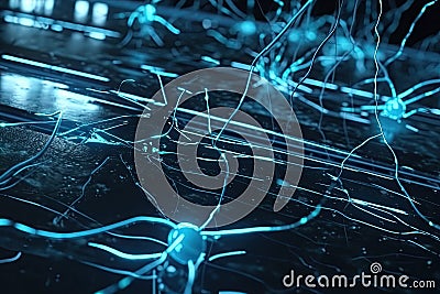 Neuron cells on abstract background, neural connections in the human brain, glowing synapses in nervous system. Created Stock Photo