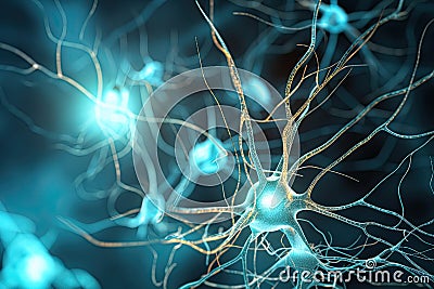 Neuron cells on abstract background, neural connections in the human brain, glowing synapses in nervous system. Created Stock Photo