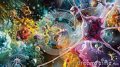 Neuron Cells in Colorful Fantasy Realism Style with Surrealistic Molecules Stock Photo