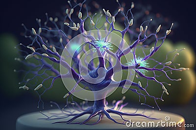 Neuron cells in shades of violet on abstract background. Generative AI Stock Photo