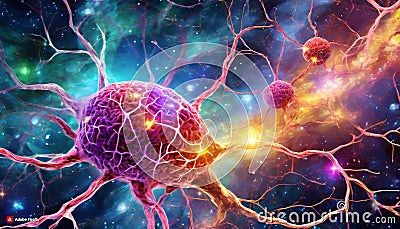 a neuron nerve cell, appearing vibrant and active with its intricate structure highlighted Cartoon Illustration
