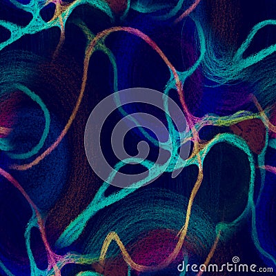Neuron Texture. Imaginary Fractal Background. Neuron Anatomy Texture. Crayon Swirled Sketch. Network Spiral Print. Cyberpunk Neon Stock Photo