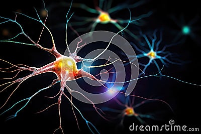 Neuronal learning, 3d neurons, neural brain cognitive abilities, Neurons in the brain fire in synchrony, deep concentration focus Stock Photo