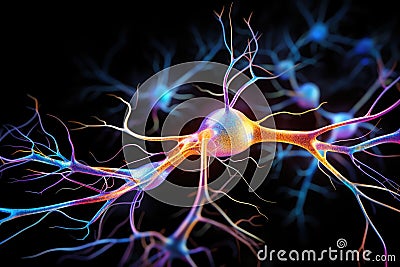 Neuronal learning, 3d neurons, neural brain cognitive abilities, Neurons in the brain fire in synchrony, deep concentration focus Stock Photo