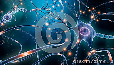 Neuronal network with electrical activity of neuron cells 3D rendering illustration. Neuroscience, neurology, nervous system and Cartoon Illustration
