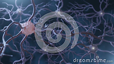 Neuronal and synapse activity. Neurons in the head, neuroactivity, synapses, neurotransmitters, brain, axons. 3d illustration Cartoon Illustration