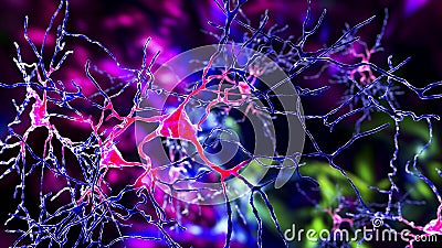 Neurons, brain cells located in Amygdala, 3D illustration Cartoon Illustration