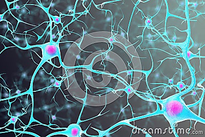 Neurons in the brain with a nucleus inside on black background. 3d illustration Cartoon Illustration