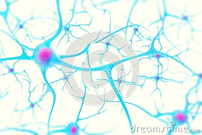 Neurons in the brain on white background with focus effect. 3d illustration Cartoon Illustration