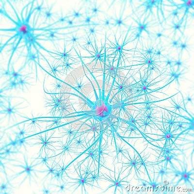 Neurons in the brain on white background with focus effect. 3d illustration Cartoon Illustration