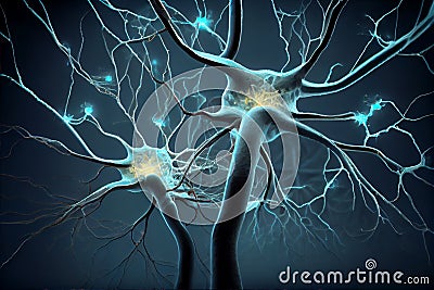 Neurons cells close up 3d render. Synapses and axones transmitting electrical signals. Generative ai Stock Photo