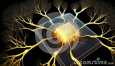 Neurons connected to microchip. Neuromorphic computing. Generative AI image. Stock Photo