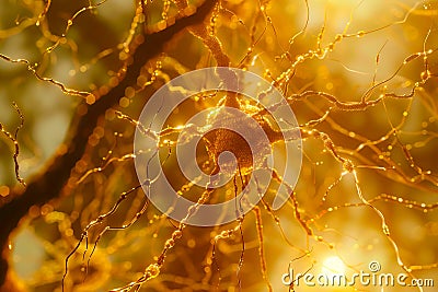 Neurons connecting through synapses with bursts of electrical activity Stock Photo