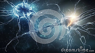 Neurons firing, brain activity, neural network, synapse connection. Digital illustration. Cartoon Illustration