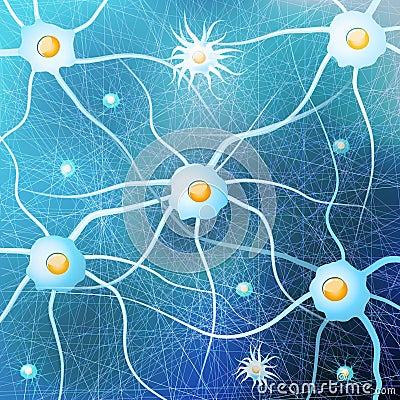 Neurons and glial cells in the brain on blue background Vector Illustration