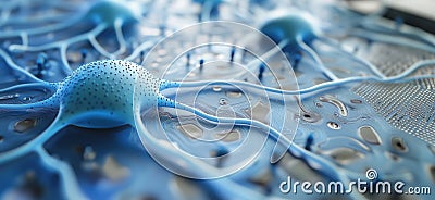 Neurons and Neural Networks Visualization, Blue Neural Cells Interconnected on Circuit Board, Abstract Technology Stock Photo