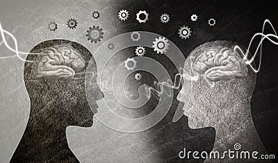 Neuroscience or neurology seminar. Group therapy. 2 human heads in silhouette profile with brain and gears. Neurological assistanc Stock Photo