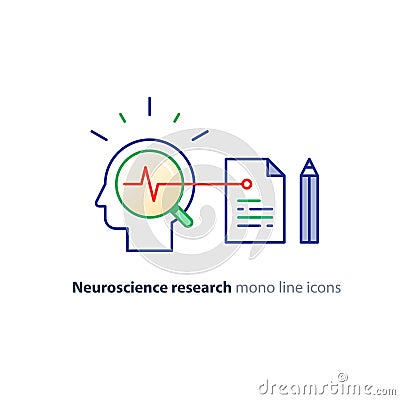 Neuroscience and psychology concept logo, science research, paper document and pencil Vector Illustration