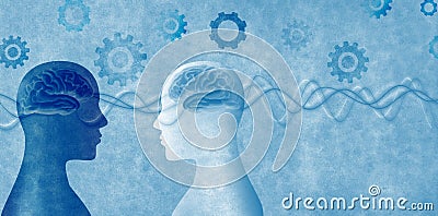 Neuroscience. Solution concept with cog. Human heads silhouette in profile with brain. Thought with gear. Cognition and education. Stock Photo