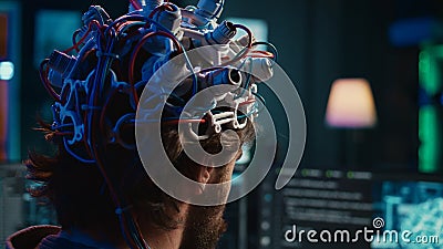 Neuroscientist uploads brain into cyberspace, gaining digital persona, close up Stock Photo
