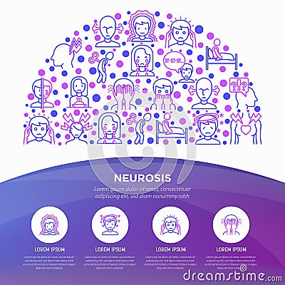 Neurosis concept in half circle with thin line icon: panic attack, headache, fatigue, insomnia, despair, phobia, mood instability Vector Illustration