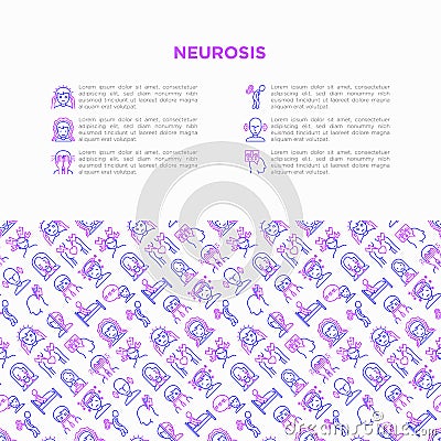 Neurosis concept with thin line icon: panic attack, headache, fatigue, insomnia, despair, phobia, mood instability, stuttering, Vector Illustration