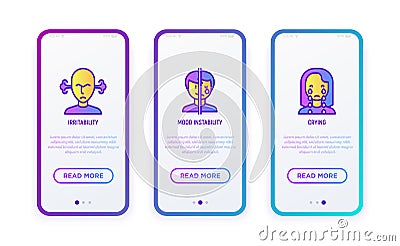 Neurosis thin line icons set: irritability, mood instability, crying. Vector illustration for user mobile interface Vector Illustration
