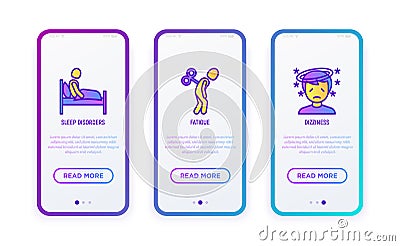 Neurosis thin line icons set: sleep disorders, fatigue, dizziness. Vector illustration for user mobile interface Vector Illustration