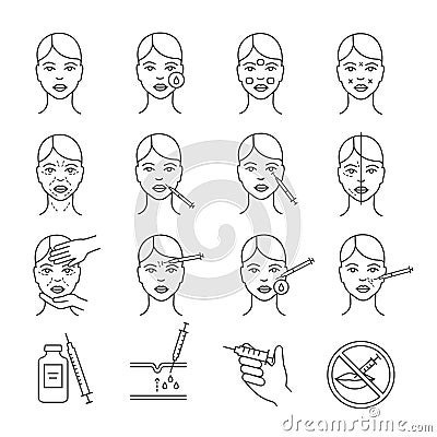 Neurotoxin injection procedure linear icons set Vector Illustration