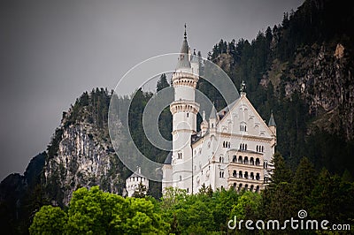 Neuschwanstein, Lovely Autumn Landscape Panorama Picture of the fairy tale castle near Munich in Bavaria, Stock Photo