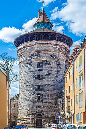 Neutor Tower or GrÃ¼n K in city fortifications, mentioned from 1377, Nuremberg, Germany Editorial Stock Photo