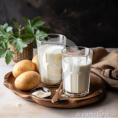 Neutral elegance Vegan potato milk powder in glasses, with focus Stock Photo